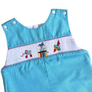 Southern Tots Smocked Boys Romper Size 2T Toddler Blue Gingham Circus Elephant
